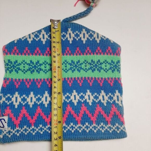 Retro 80's MURRAY MERKLEY 100% Wool Intarsia Geo Pattern Knit Beanie Hat Pom-Pom - Picture 10 of 16